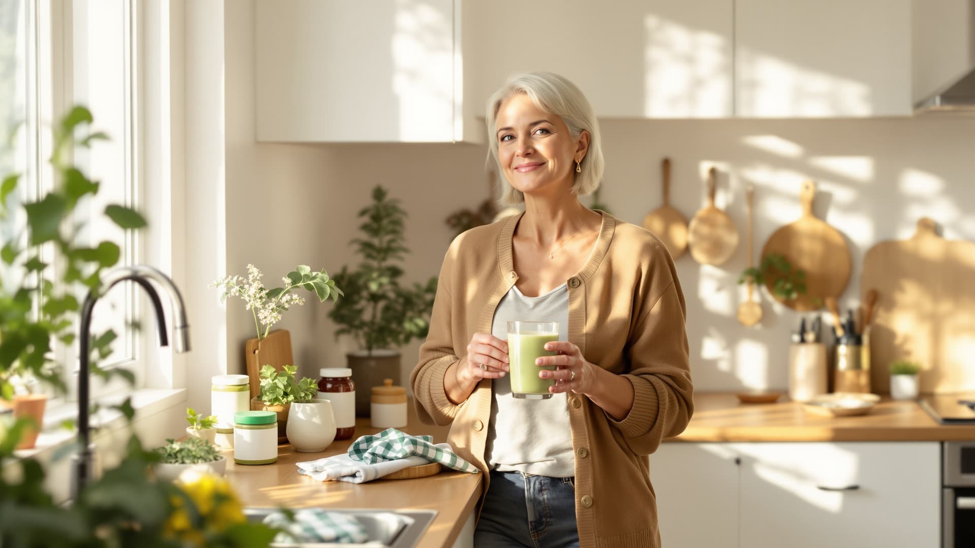Woman in a sun-lit kitchen preparing a smoothie with plant-based supplements on the counter