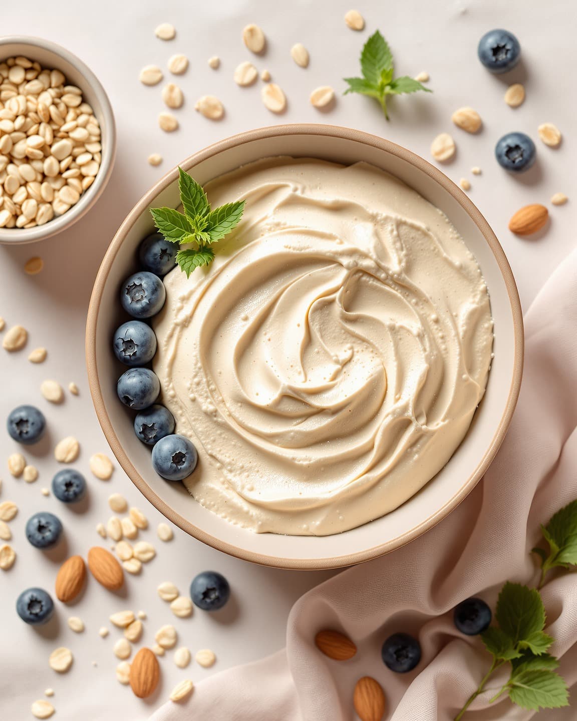 Overhead view of plant-based protein powder in a ceramic bowl with fresh berries, oats, and mint