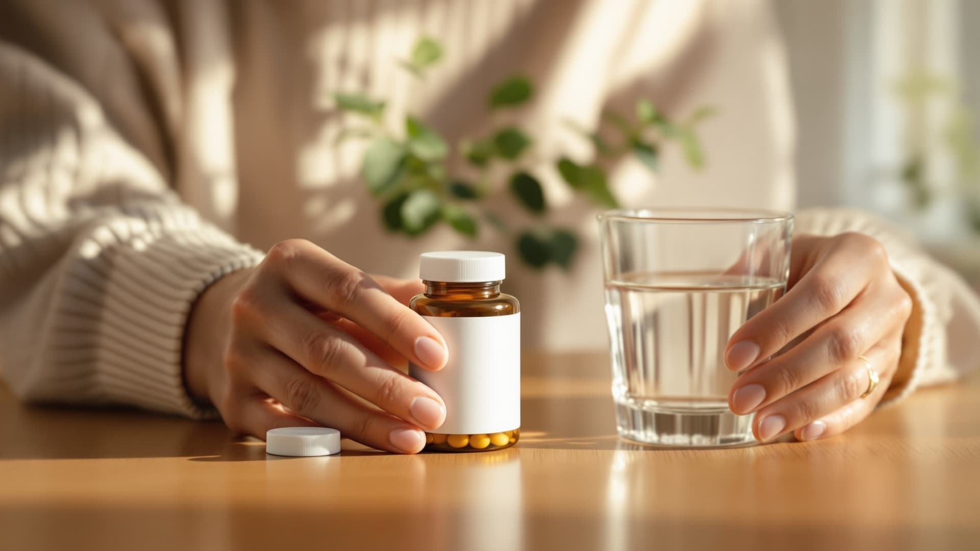 Hands arranging supplement bottles and a glass of water on a wooden table in morning light